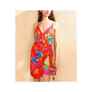 Farm Rio Mixed Pink 'Ombre Chita Lenzing Ecovero' Scarf V Neck Mini Dress Size